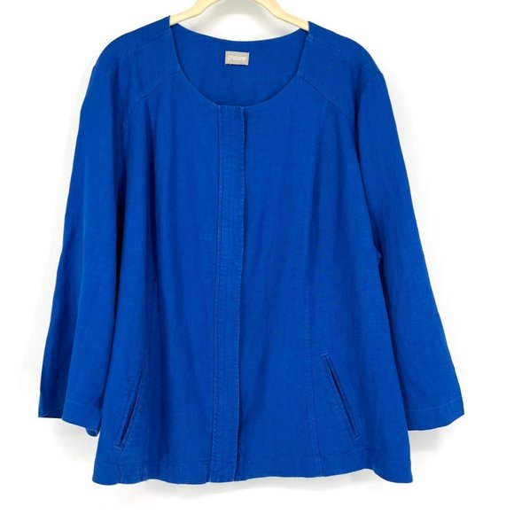 Chico's Size Large 100% Linen Zip Up Jacket Blue Blazer 3/4 Sleeve Pockets - Picture 1 of 8